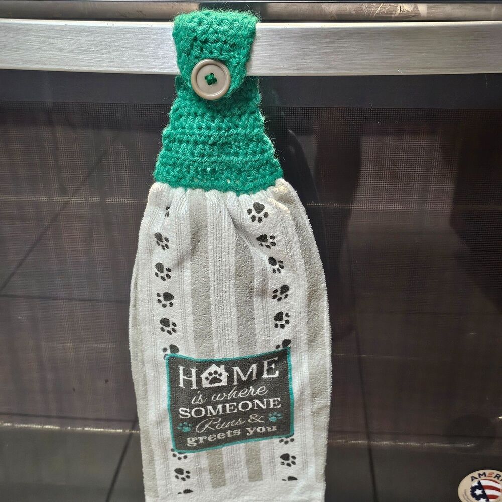 Crochet Topper Towel Handmade Paw Prints kitchen hand towel unique NEW